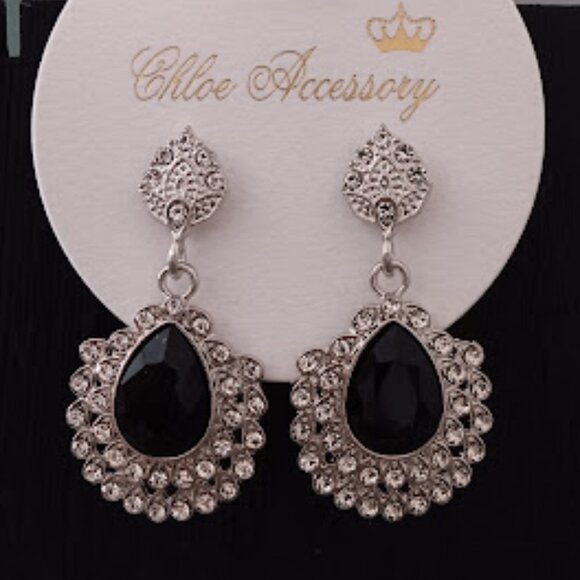 CHLOE ACCESSORY Glamorous Silver Black & Clear Crystal Pear Shaped Drop Earrings - Picture 1 of 4